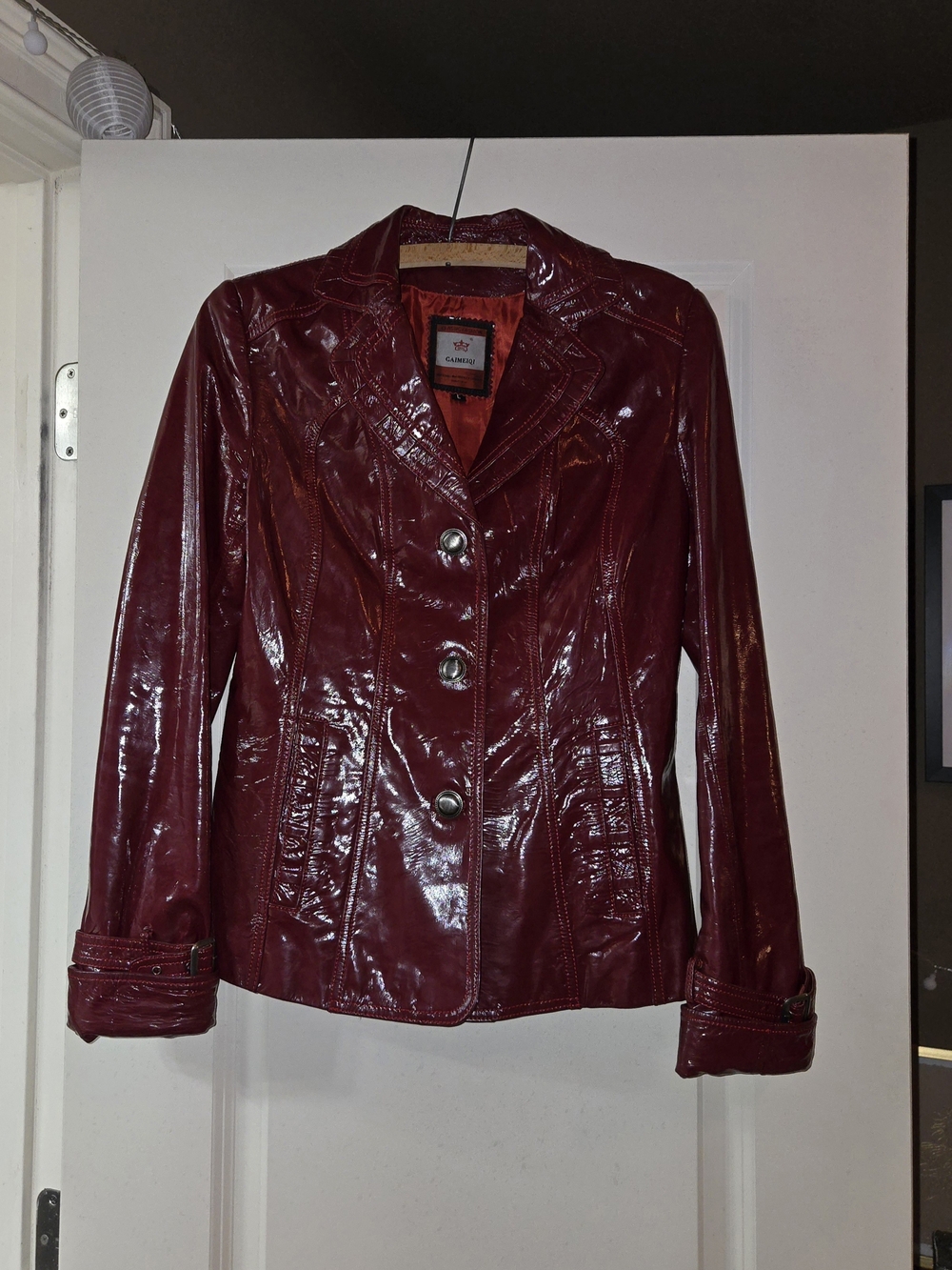Genuine Sheepskin Leather Jacket Dark Burgundy Silk Blend Lining Vintage Size L